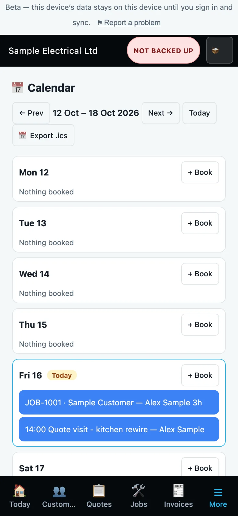 The week calendar with a job visit and a quote visit booked today