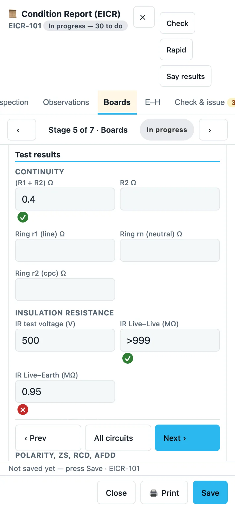Test results for a circuit with green and red traffic lights and a reason for the red one