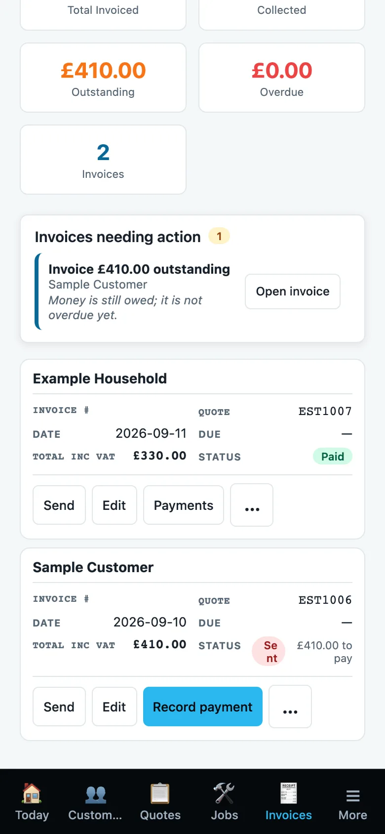 An invoice card with Send, Edit and Payments buttons