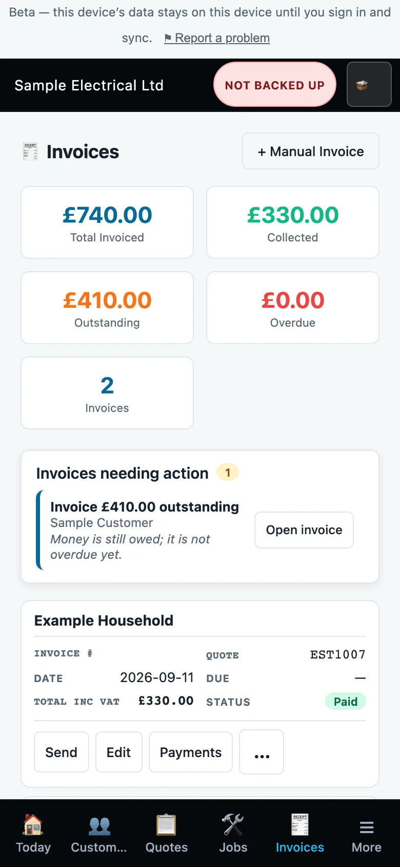 The invoice list with totals for invoiced, collected, outstanding and overdue