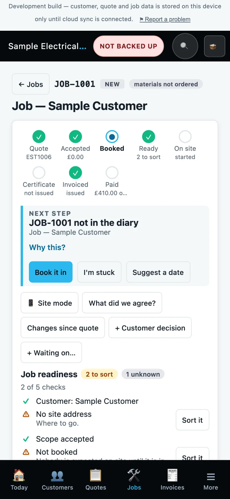 A job page with four tiles: site mode, what did we agree, changes since quote and customer decision