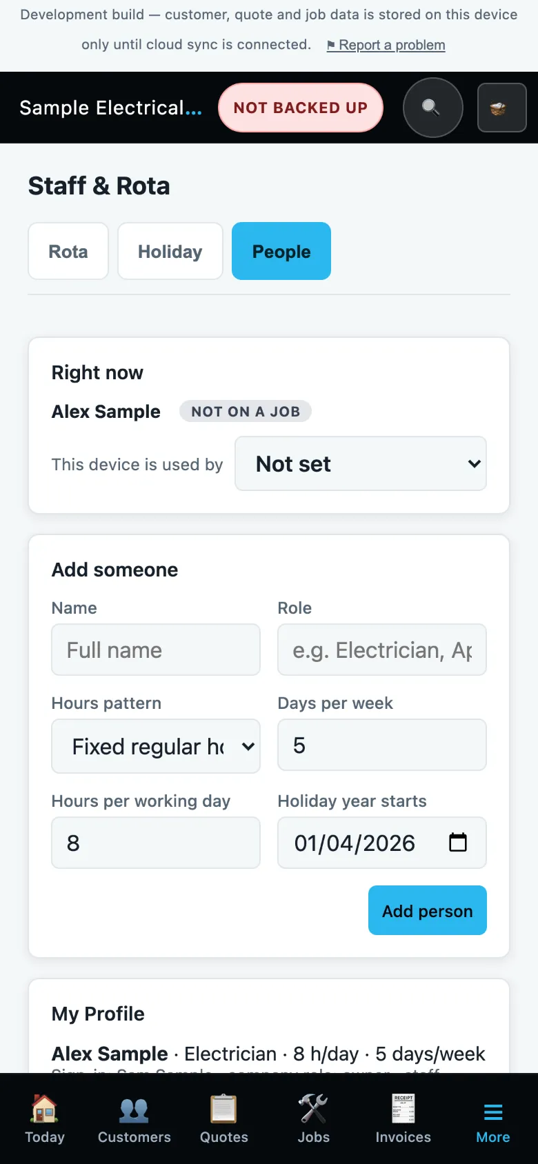 The Staff and Rota People tab with Add someone, name, role and hours