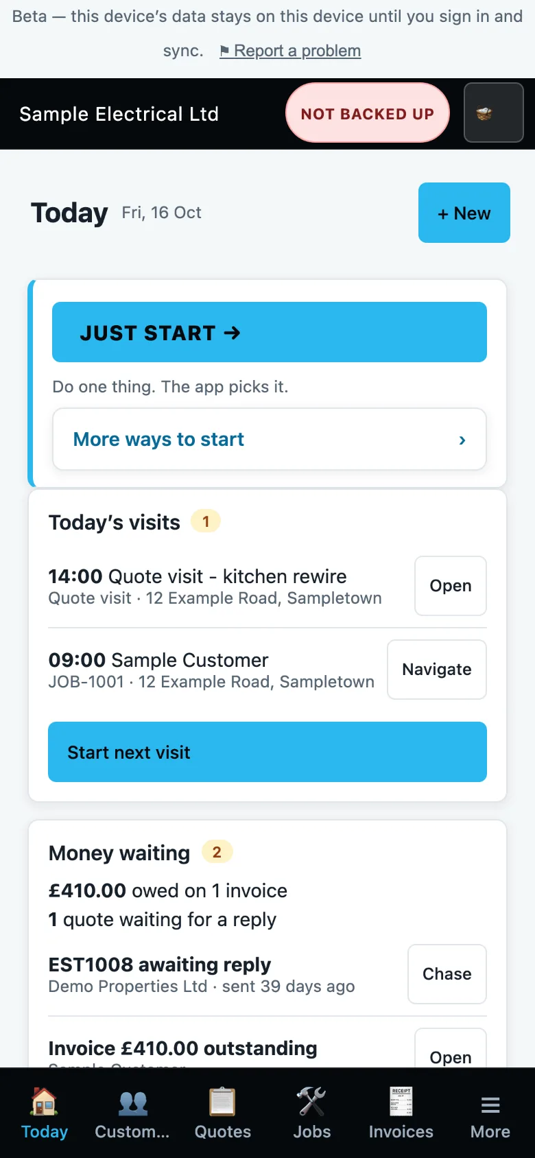 The Huenique Business Today screen with a Just start button, visits for today and money waiting